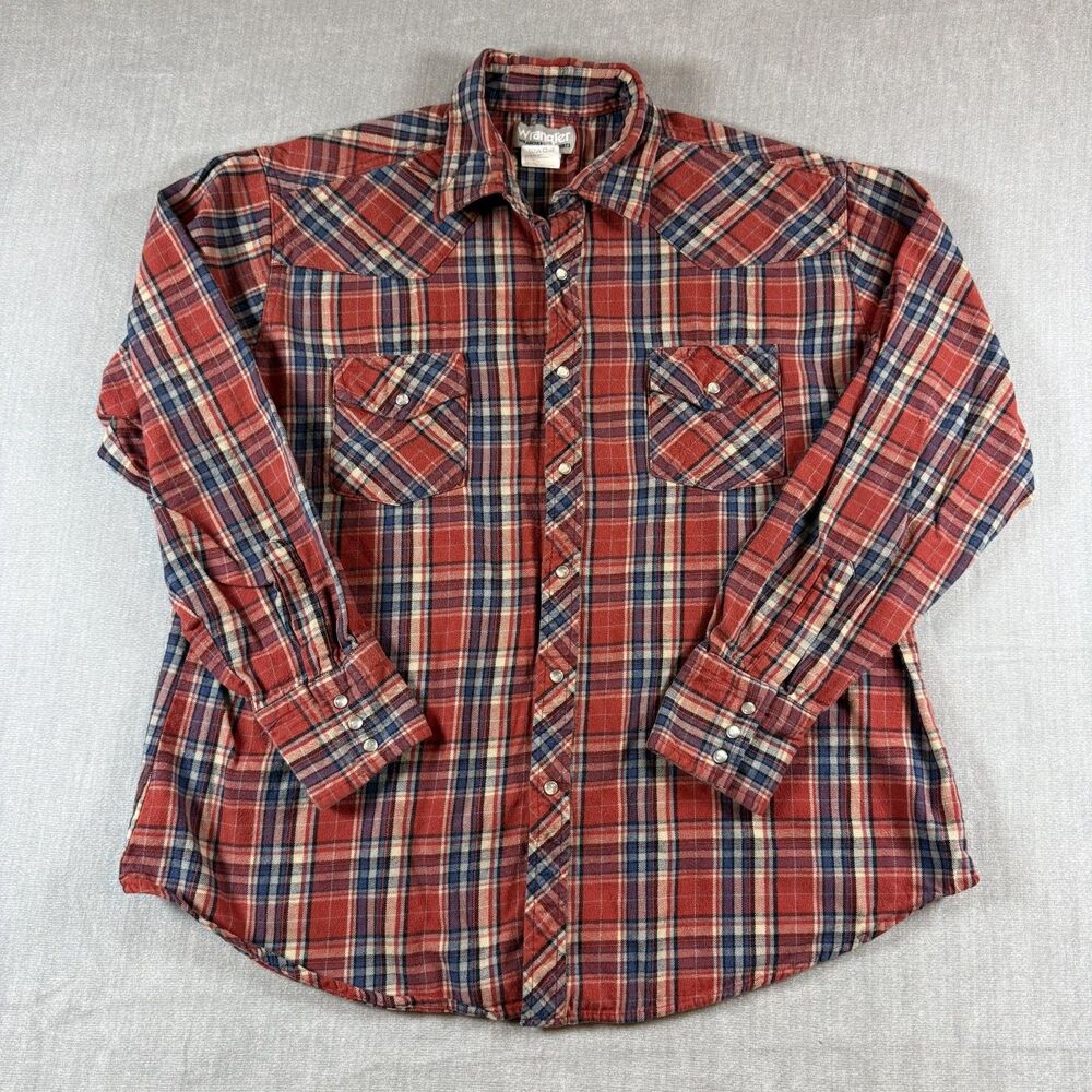 Wrangler Wrancher Shirt Mens XL Pearl Snap Red Plaid Long Sleeve Western Cowboy